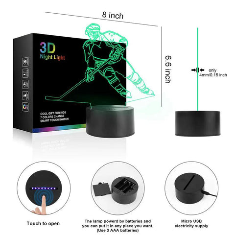 Packaging of Hockey Player 3D Night Lamp With 7 LED Color Changing Lights showing measurements and touch control