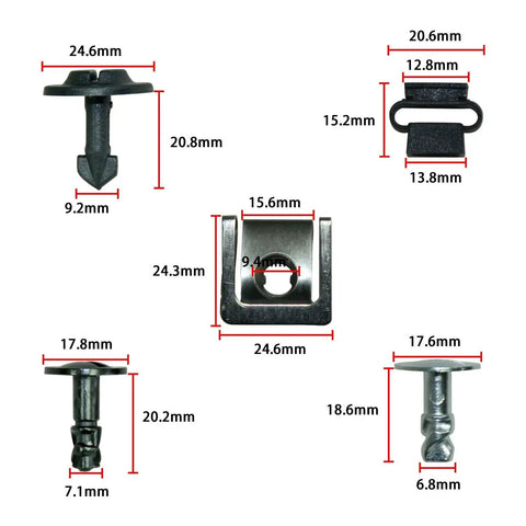 Detailed view of 60 Piece Engine Undertray Clips Kit For Audi And VW, showing various metal and plastic clip dimensions.
