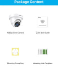 Package content includes 1080p Dome Security Camera, Quick Start Guide, Mounting Screw Bag, and Mounting Hole Template.