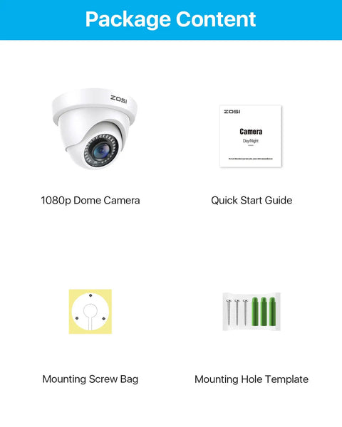 Package content includes 1080p Dome Security Camera, Quick Start Guide, Mounting Screw Bag, and Mounting Hole Template.