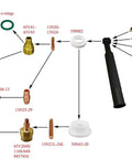 Diagram of Pro Grade TIG Glass Cup Clear Quartz Nozzles Set for Welding Torch with parts labeled and interconnected.