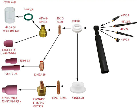 Diagram of TIG Quartz Nozzle Set for PTA DB SR WP Torch Clear Quartz Glass Nozzles Size Four Quarter Inch And Six Point Five Millimeter 53N58