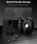 2.1 Computer Speakers With Subwoofer For PC Desk Setup, Crisp Bass, 80W Peak Power, Bluetooth 5.4, cables and dimensions shown