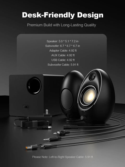 2.1 Computer Speakers With Subwoofer For PC Desk Setup, Crisp Bass, 80W Peak Power, Bluetooth 5.4, cables and dimensions shown