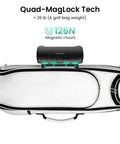 GeneSonic Pro Golf Speaker With Detachable GPS Rangefinder atop golf bag, showing Quad-MagLock Tech and magnetic mount.