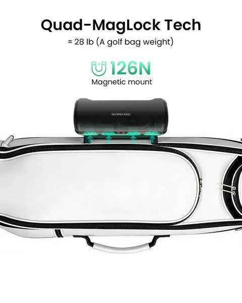 GeneSonic Pro Golf Speaker With Detachable GPS Rangefinder atop golf bag, showing Quad-MagLock Tech and magnetic mount.