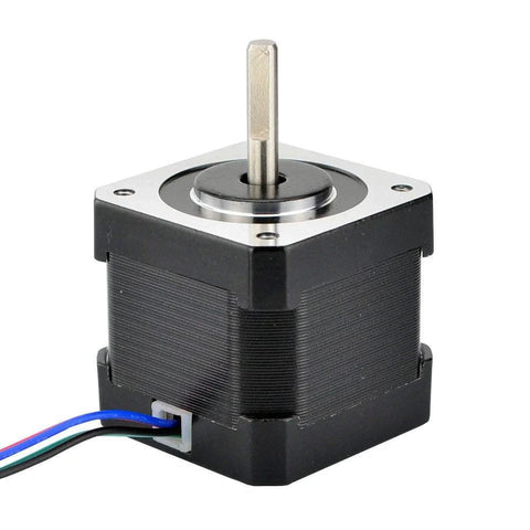 NEMA 17 bipolar stepper motor, front view: square black body, silver faceplate, vertical shaft, 4-wire cable