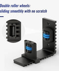 Close-up of double nylon quiet rollers for Adjustable Sliding Barn Door Floor Guide With Rock Solid Heavy Duty Metal Base.