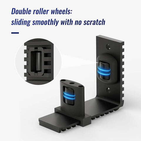 Close-up of double nylon quiet rollers for Adjustable Sliding Barn Door Floor Guide With Rock Solid Heavy Duty Metal Base.