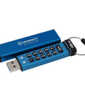 Rock Solid 16Gb Encrypted Usb Drive With Alphanumeric Keypad Lock showcasing USB drive with keypad and blue casing.