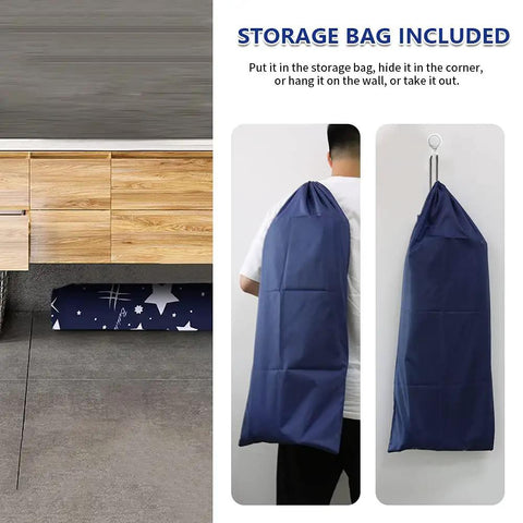 Foldable Portable Bathtub For Shower Stall Eco Friendly Soaking Tub in blue storage bag under wooden cabinet