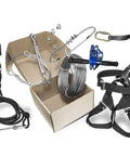 200 Ft Zip Line Kit With Adjustable Harness And Bungee Brake System for Backyard Fun, including cable, trolley, and harness