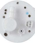 SP9167M Fuel Pump Assembly Drop In Replacement. Top view of white module with connectors and fittings for easy installation.