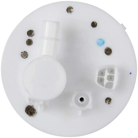 SP9167M Fuel Pump Assembly Drop In Replacement. Top view of white module with connectors and fittings for easy installation.