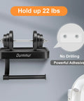 Sturdy Stainless Steel Toilet Paper Holder With Phone Shelf, Wall Mount, shown holding weights, adhesive installation option.