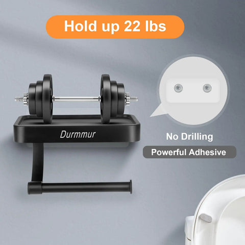 Sturdy Stainless Steel Toilet Paper Holder With Phone Shelf, Wall Mount, shown holding weights, adhesive installation option.