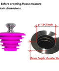 Pink Silicone Bathtub Stopper With Chrome Plated Handle For Standard Drains Super Snug Seal Zero Drip Guarantee Smooth Grip shown with drain dimensions.