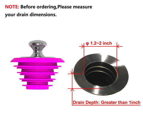 Pink Silicone Bathtub Stopper With Chrome Plated Handle For Standard Drains Super Snug Seal Zero Drip Guarantee Smooth Grip shown with drain dimensions.