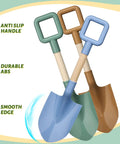 Kids Garden Tool Shovel Set 16 Inch Avocado Beach Spades Sand Shovels Toys For Adults Gardening Tools Kit Travel Sandbox Toy Snow Scoop With Wood Handle Spade For Digging Sand Snow 3 Pack, featuring blue, green, and brown shovels with ABS heads and wood handles.