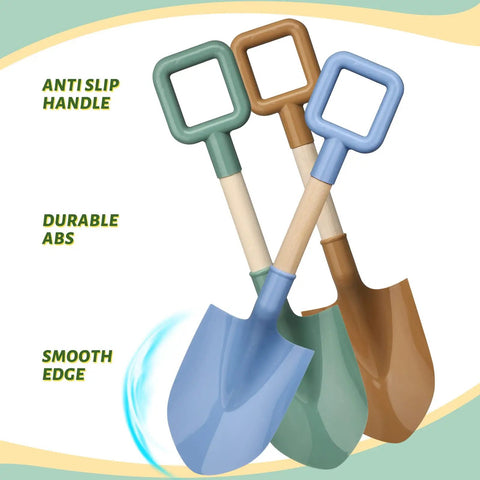 Kids Garden Tool Shovel Set 16 Inch Avocado Beach Spades Sand Shovels Toys For Adults Gardening Tools Kit Travel Sandbox Toy Snow Scoop With Wood Handle Spade For Digging Sand Snow 3 Pack, featuring blue, green, and brown shovels with ABS heads and wood handles.