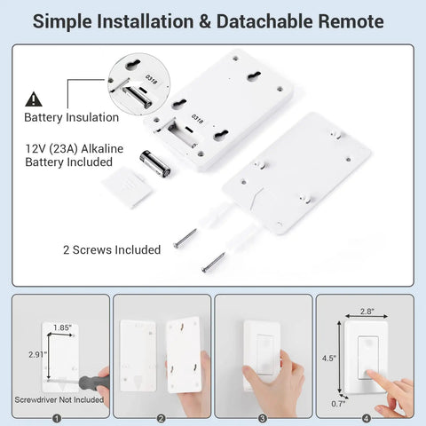 Wireless Light Switch And Receiver Kit No Wiring Required Hassle Free Setup showing remote, battery and installation steps.