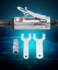 Heavy Duty No Nonsense Pneumatic Air Die Grinder With 1/4 Inch Shank And 23000 Rpm alongside accessories on a blue background.