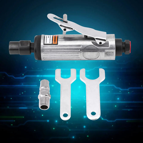 Heavy Duty No Nonsense Pneumatic Air Die Grinder With 1/4 Inch Shank And 23000 Rpm alongside accessories on a blue background.