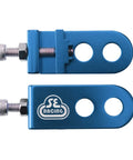 Premium Motorcycle Chain Tensioner For Three Eighth Inch Drives features a blue alloy body with precise adjustment dial and locking mechanism.