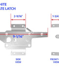 Top Shelf Self Closing Vinyl Fence Gate Hardware Kit Box Of Six With Rock Solid Hinges And No Sweat Auto Latch, white gate latch side and front view.