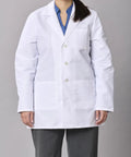 Unisex Lab Coat For Professionals White Long Sleeve Consultation Length Four Button Front Three Pockets Plus Reinforced Pen Pocket