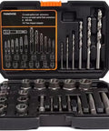 26 Piece Nut And Bolt Extractor Set With Sockets And Drill Bits For Stripped Frozen And Rounded Off Fasteners Includes Spiral Flute Extractors And Right Hand Cobalt Drill Bits In Solid Storage Case displayed open with components visible