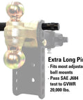 Keyed Trailer Hitch Lock Pin Heavy Duty Five Eighths Inch Diameter With Extra Long Four Point Five Inch Span Double Safety Lock for Three Inch Receivers and Adjustable Channel Mounts Quick Install Keeps Your Tow Setup Locked Down, shown installed on adjustable ball mount with GVWR rating details.
