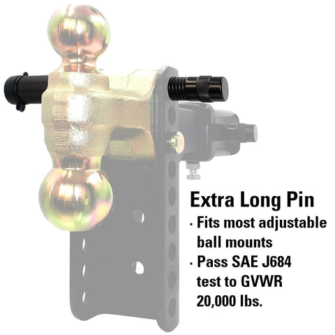 Keyed Trailer Hitch Lock Pin Heavy Duty Five Eighths Inch Diameter With Extra Long Four Point Five Inch Span Double Safety Lock for Three Inch Receivers and Adjustable Channel Mounts Quick Install Keeps Your Tow Setup Locked Down, shown installed on adjustable ball mount with GVWR rating details.
