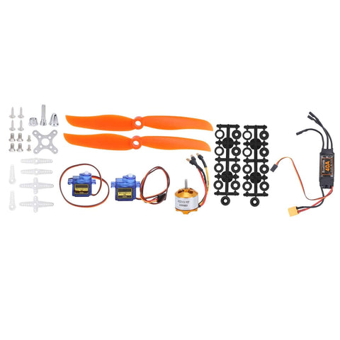 RC Plane Motor Kit With SG90 Servo 2212 KV2200 brushless motor, 6035 propeller, 40A ESC, XT60T connectors, and assorted components.