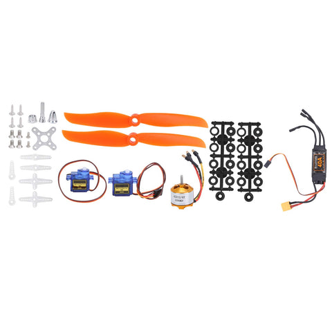 Badass 40A Rc Esc Controller With Dead On Throttle Setup Specs Sg90 Micro Servo Kv2200 Brushless Motor Pair And 6035 Propeller Kit components arranged on white background.