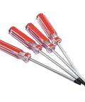 Top Tier 5 Pc Torx Screwdriver Set T15 To T30 Star Bit Kit With Deep Reach Handle Perfect For Impact Driver Usage Electronics Repair and Furniture Build Jobs Made From Tough Chrome Vanadium Steel. Four red-handled Torx screwdrivers on white background