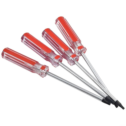 Top Tier 5 Pc Torx Screwdriver Set T15 To T30 Star Bit Kit With Deep Reach Handle Perfect For Impact Driver Usage Electronics Repair and Furniture Build Jobs Made From Tough Chrome Vanadium Steel. Four red-handled Torx screwdrivers on white background