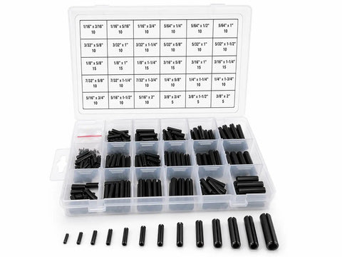 315 Piece Roll Pin Set For Repairs And Equipment, 11 Popular Sizes From 1/16 Inch To 3/8 Inch, Pro-Grade Heavy-Duty Spring Steel Pins In An Organized Storage Case For Quick Fixes And Easy Repairs displayed in case.