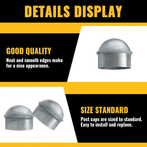 Heavy Duty Galvanized Fence Post Cap For One And Three Eighths Inch Posts Built To Last Chain Link Fence Parts Rustproof Outdoor Post Cover Weatherproof Steel Cap Two Pack details display image showing quality and size.