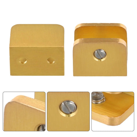 Gold Glass Shelf Brackets 2 Pack For 8mm To 12mm Thick Glass Easy No Drill Clip Mounts with screws, brass style, close-up