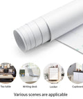Matte White Peel And Stick Wallpaper Easy To Install Self Adhesive Removable Vinyl Film Waterproof For Walls Counters Cabinets And Furniture DIY Friendly With Grid Backing shown rolled with grid backing and scene examples.
