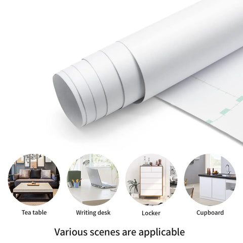 Matte White Peel And Stick Wallpaper Easy To Install Self Adhesive Removable Vinyl Film Waterproof For Walls Counters Cabinets And Furniture DIY Friendly With Grid Backing shown rolled with grid backing and scene examples.