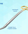 Image of Dean Scissors 7 Inch Double Curved Gold Plated Surgical Dental ENT Pro Grade With Tungsten Carbide Inserts resting on a blue background.