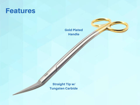 Image of Dean Scissors 7 Inch Double Curved Gold Plated Surgical Dental ENT Pro Grade With Tungsten Carbide Inserts resting on a blue background.