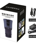 Smart 2 In 1 Car Cup Warmer And Cooler With Digital Temp Display product packaging with car and power adapters. Home and vehicle accessory.
