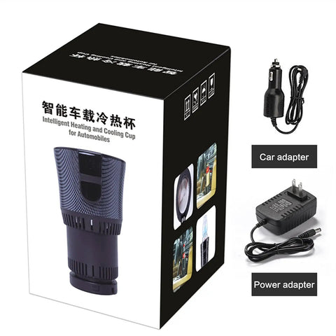 Smart 2 In 1 Car Cup Warmer And Cooler With Digital Temp Display product packaging with car and power adapters. Home and vehicle accessory.