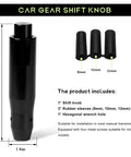 Black Beefy 5.7 Inch Automatic Shift Knob With Push Button, showing dimensions and included rubber sleeves, for auto vehicles.