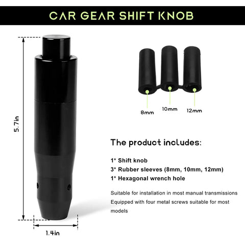 Black Beefy 5.7 Inch Automatic Shift Knob With Push Button, showing dimensions and included rubber sleeves, for auto vehicles.