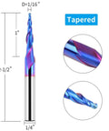 Tapered ball-nose end mill, 1/4" shank, 1/16" tip (1/32" radius), 5.4° taper, solid carbide CNC router bit.