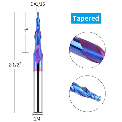 Tapered ball-nose end mill, 1/4" shank, 1/16" tip (1/32" radius), 5.4° taper, solid carbide CNC router bit.